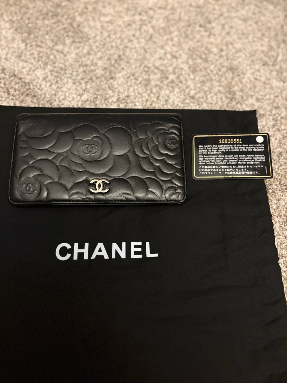 CHANEL Black Quilted Camellia Leather Long Wallet with CC Emblem, VGUC!